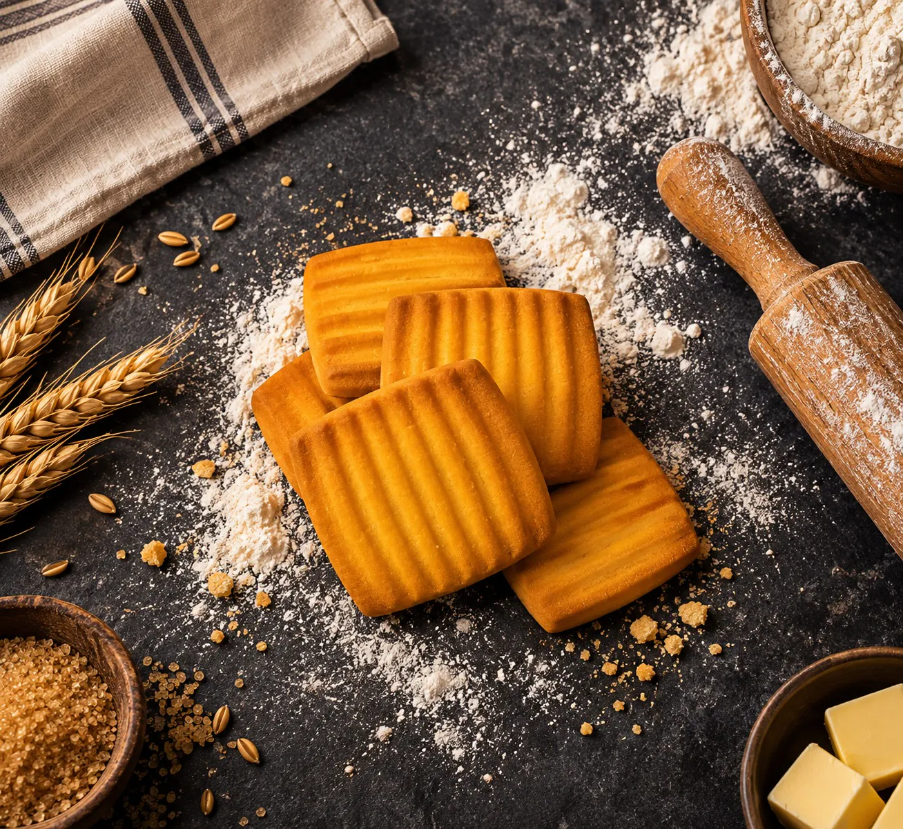 Biscuits arranged with flour and baking ingredients