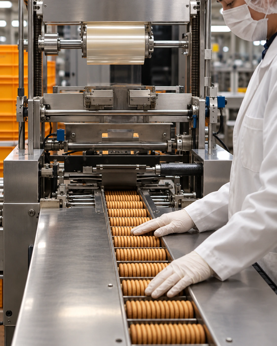 Biscuits moving through an Amna Food Group manufacturing line