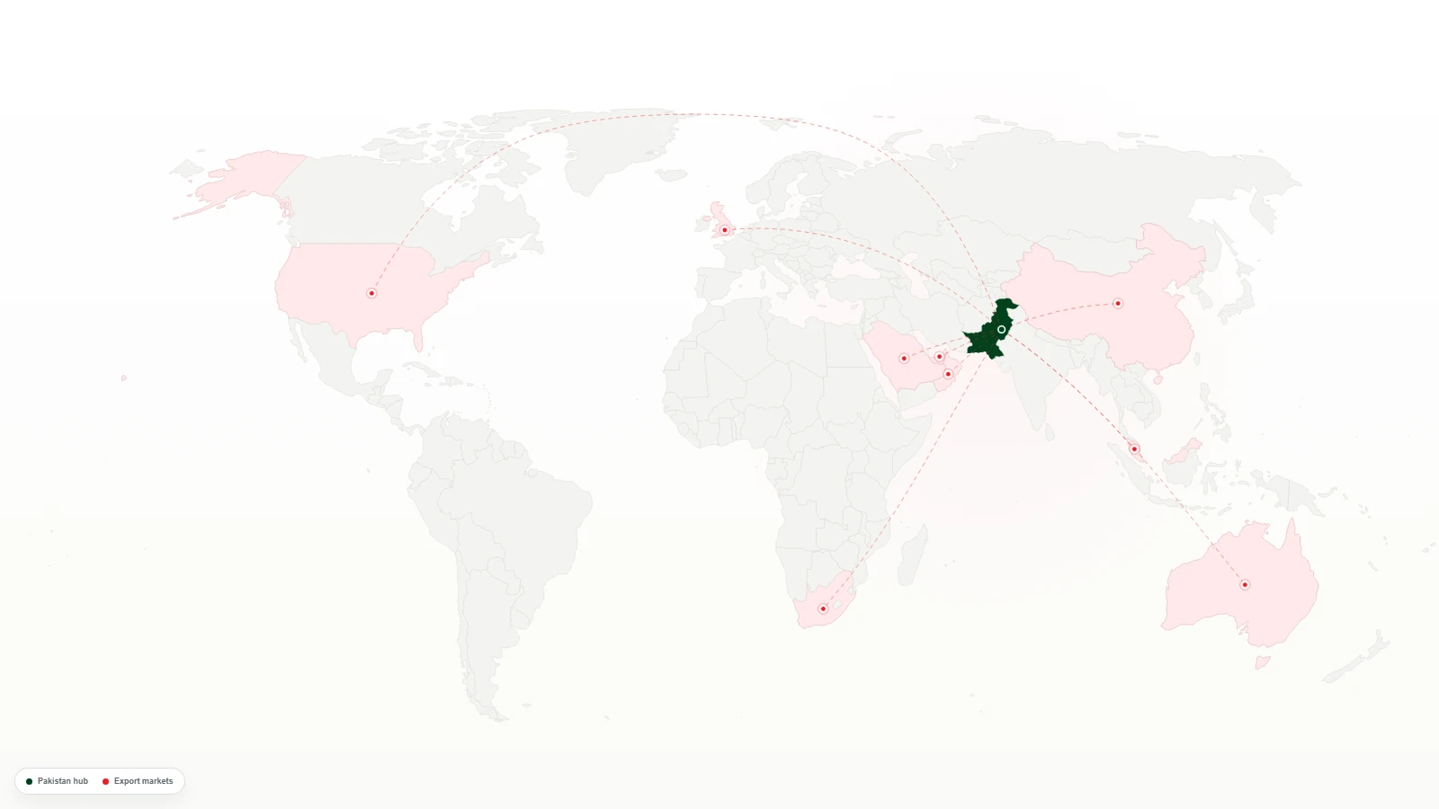 Pakistan connected to the United States, United Kingdom, Saudi Arabia, United Arab Emirates, Oman, China, Malaysia, South Africa and Australia