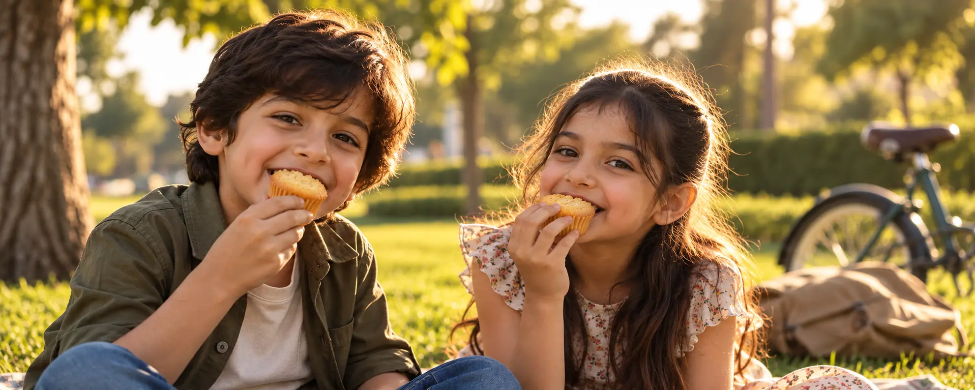 Children enjoying Amna Food Group cakes outdoors